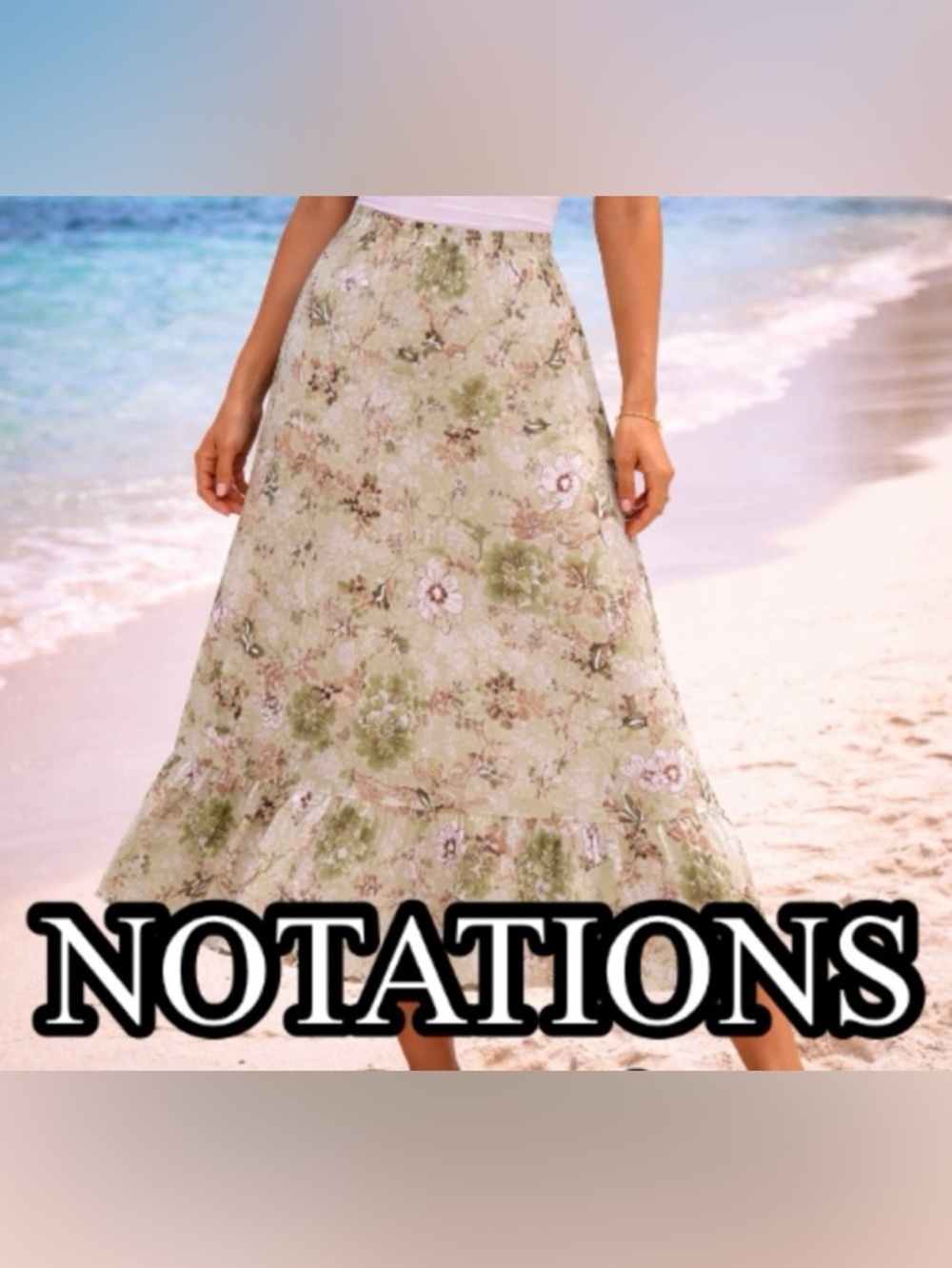 Notations Floral Midi Skirt Green Cream Ruffle Hem Elastic Waist Cottagecore